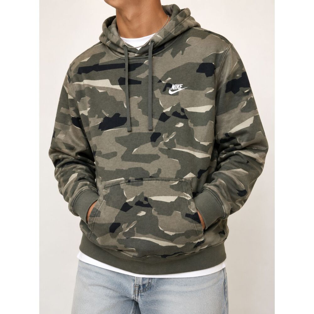 Nike Club Fleece Camo Hoodie Men's Large Green Pullover Sweatshirt Logo